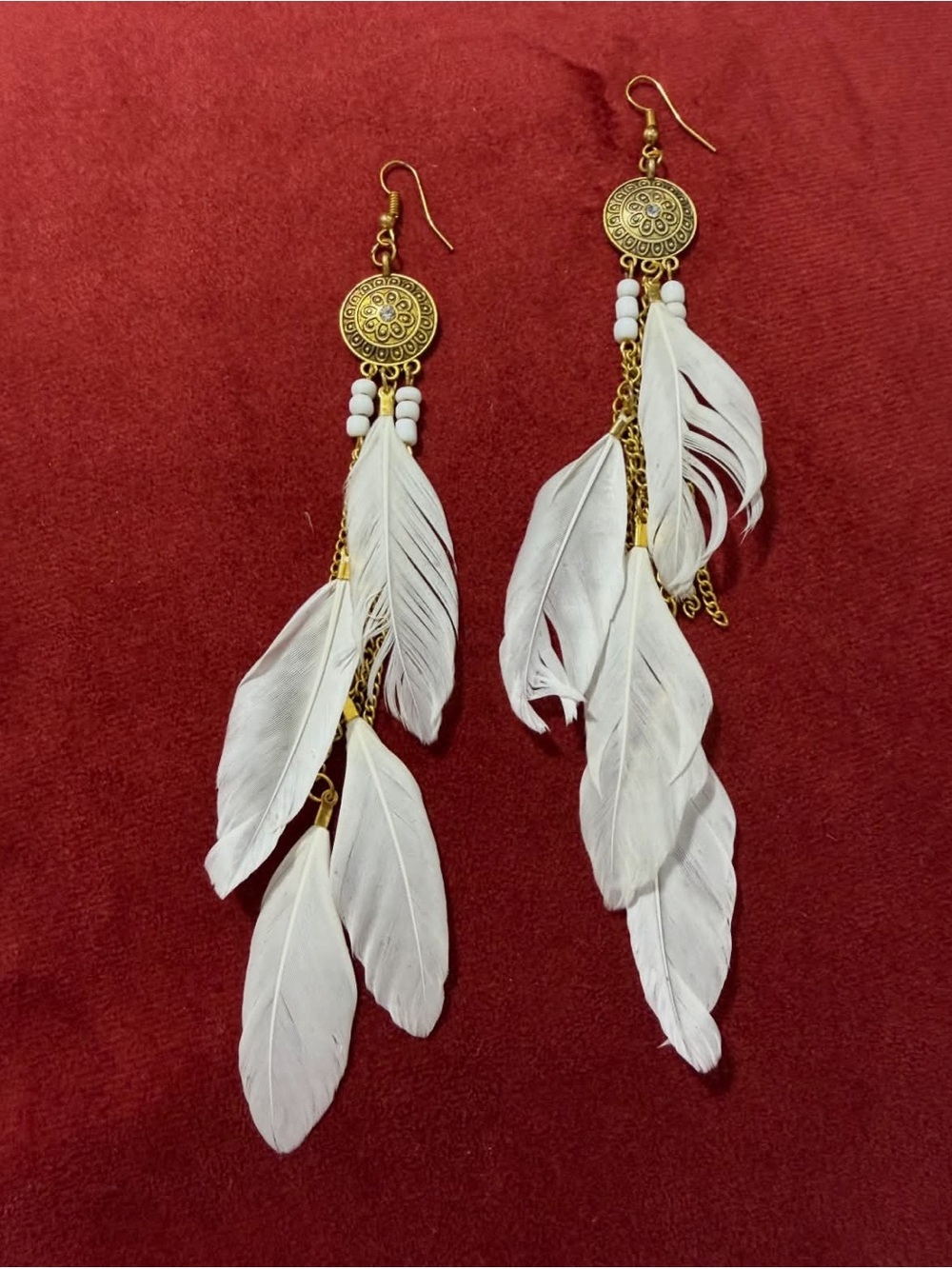 White Feather Drop Earrings with Gold Accents - Women Jewelry